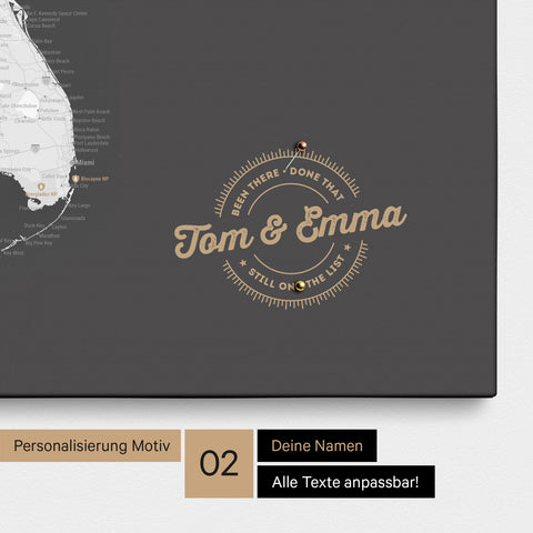 Personalized USA America map as a canvas in dark gray with printed names and a legend for marking visited places