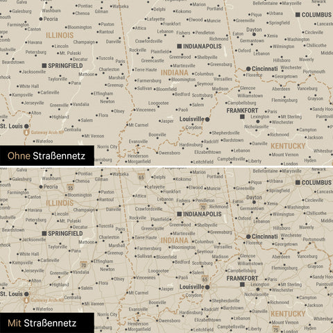 USA America Push Pin Map in gold, optionally with the road network of the largest highways and interstates