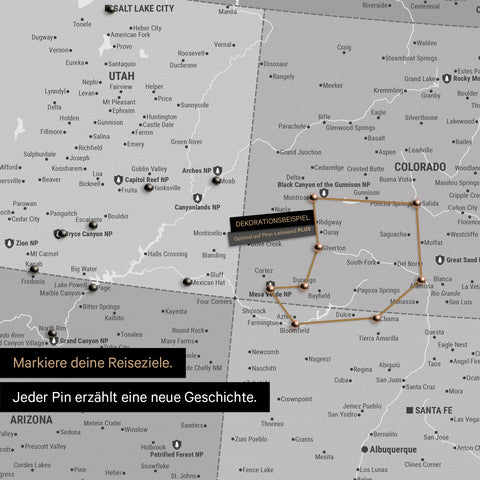 Detailed USA America map as a pin board in multicolor gray showing pins at travel destinations in Utah and Colorado
