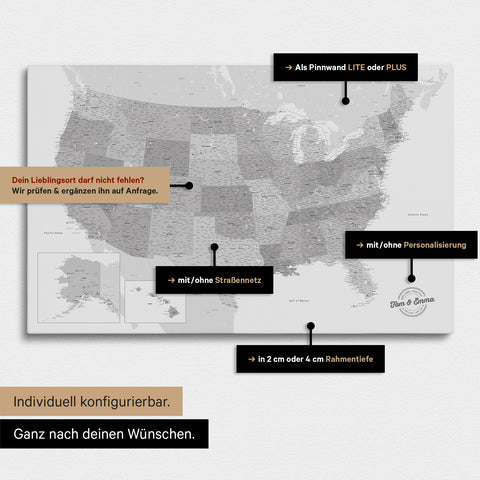 Diverse configuration options for a USA America map as a Push Pin Map in multicolor gray