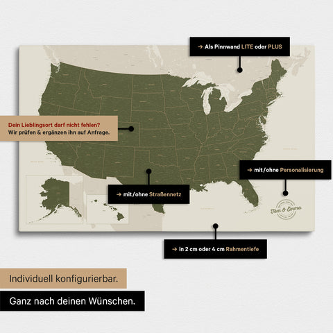 Diverse configuration options for a USA America map as a Push Pin Map in Olive Green color