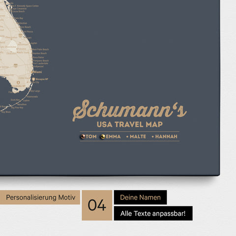 Detailed USA America map as a Push Pin Map in Hale Navy (Dark Blue Gold) with personalization as a logo for the whole family