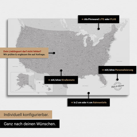 Diverse configuration options for a USA America map as a Push Pin Map in light gray color