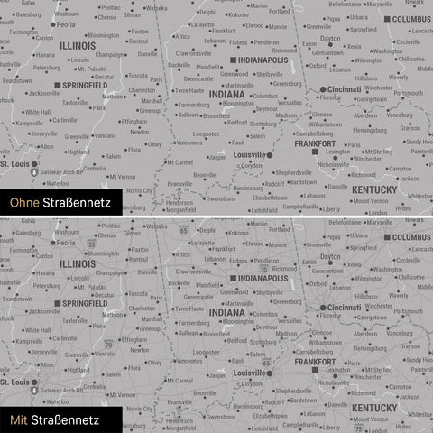 USA America Push Pin Map in light gray, optionally with the road network of the largest highways and interstates
