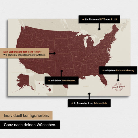 Diverse configuration options for a USA America map as a Push Pin Map in Bordeaux Red color