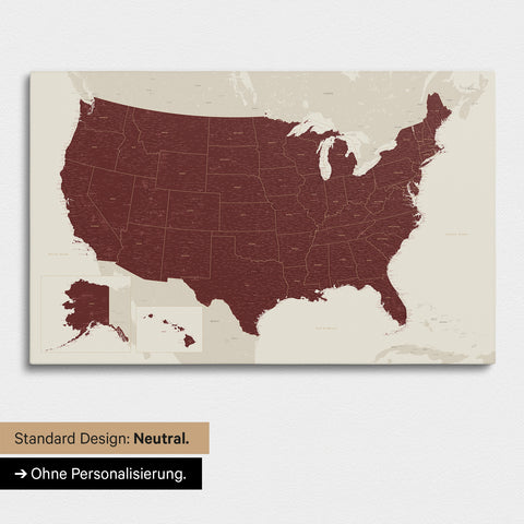 Neutral and simple version of a USA America map as a Push Pin Map in Bordeaux Red