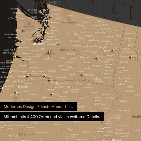 Section of a USA America map as a Push Pin Map in Sonar Black showing travel destinations and highlights in Washington, Oregon, and Idaho
