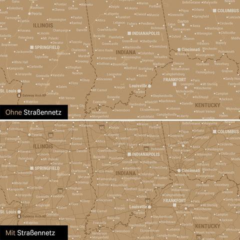 USA America Push Pin Map in Sonar Black optionally with the road network of the largest highways and interstates