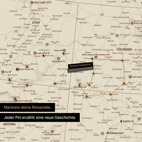 Detailed USA America map as a pinboard in Treasure Gold shows pins on travel destinations in Utah and Colorado