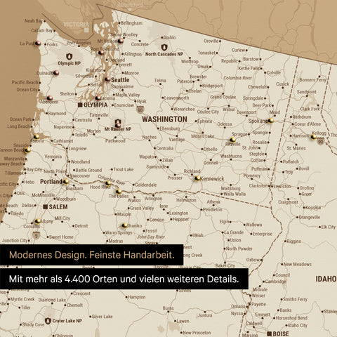 Section of a USA America map as a Push Pin Map in Treasure Gold shows travel destinations and highlights in Washington, Oregon, and Idaho