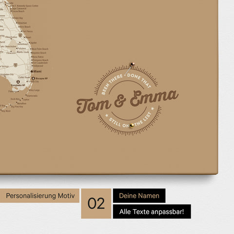 Personalized USA America map as a canvas in Treasure Gold with printed names and a legend for marking visited places