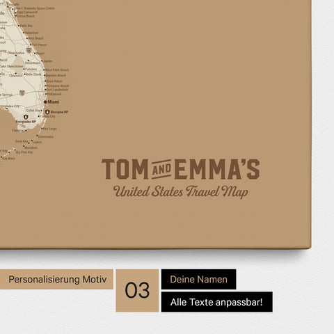 Push Pin Map canvas of a USA America map in Treasure Gold with printed logo "United States"