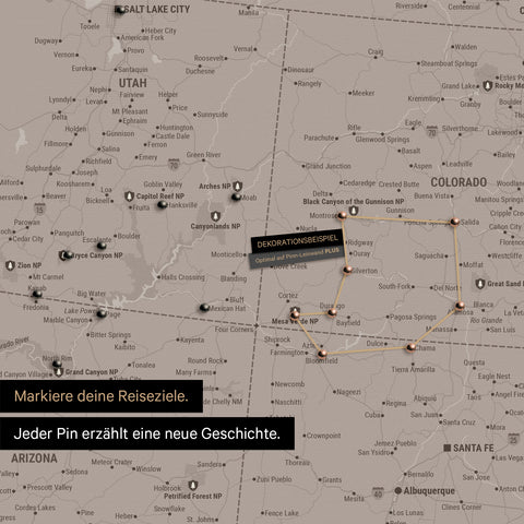 Detailed USA America map as a pin board in Warmgray (brown-gray) showing pins at travel destinations in Utah and Colorado