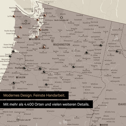 Section of a USA America map as a Push Pin Map in Warmgray (Brown-Gray) showing travel destinations and highlights in Washington, Oregon, and Idaho
