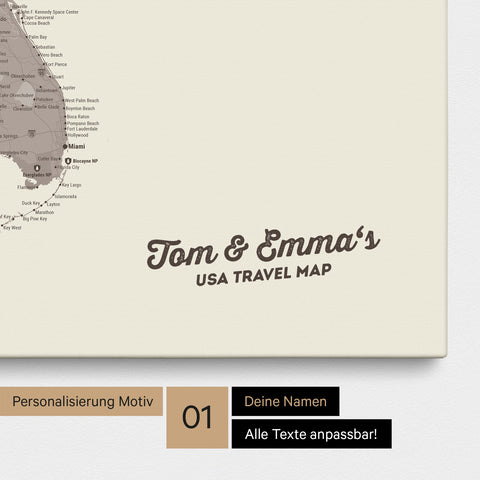 USA America map with high level of detail as a Push Pin Map canvas in Warmgray (brown-gray) with personalization and imprint with your name