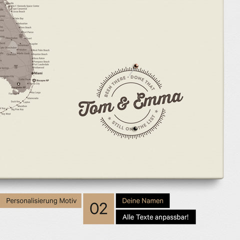Personalized USA America map as a canvas in Warmgray (brown-gray) with printed names and a legend for marking visited places