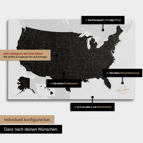 Diverse configuration options for a USA America map as a Push Pin Map in white-black color