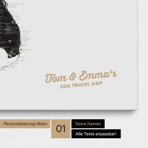 USA America map with high level of detail as a Push Pin Map canvas in white-black with personalization and imprint with your name