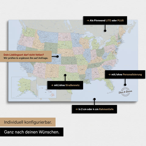 Diverse configuration options for a political USA America map as a Push Pin Map in multicolor atlas