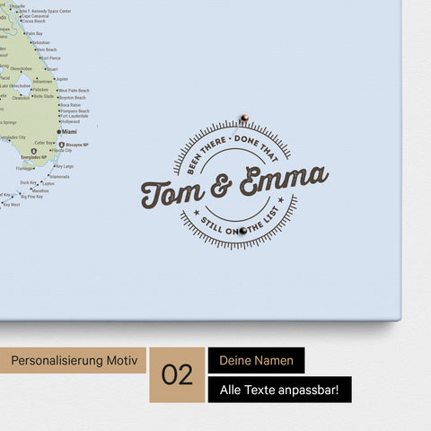 Personalized USA America map as a canvas in multicolor atlas with printed names and a legend for marking visited places