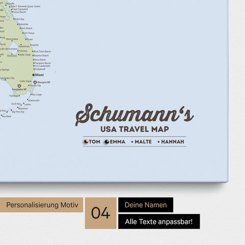 Political USA America map as a Push Pin Map in multicolor atlas with personalization as a logo for the whole family
