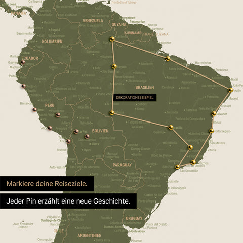 Detail of a world map as a Push Pin Map in green showing a section of South America, where pins mark visited travel destinations connected by a colorful thread