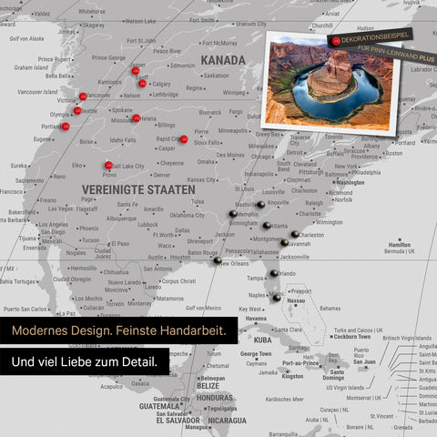 Weltkarte in der Equal-Earth-Projektion als Pinnwand in der Farbe Coolgray, auf der Reiseziele in den USA und Kanada mit Pins markiert sind