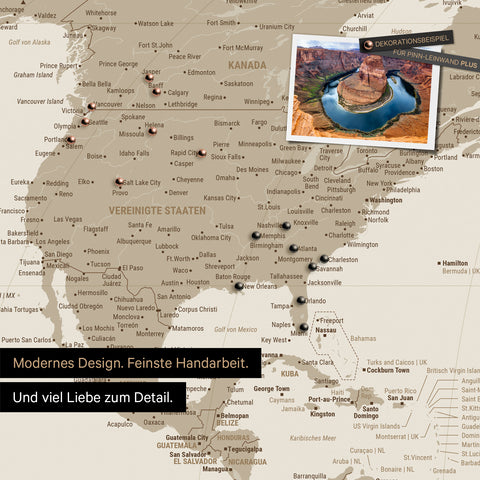 World map in the Equal Earth projection as a Push Pin Map in Desert Sand, with travel destinations in the USA and Canada marked with pins