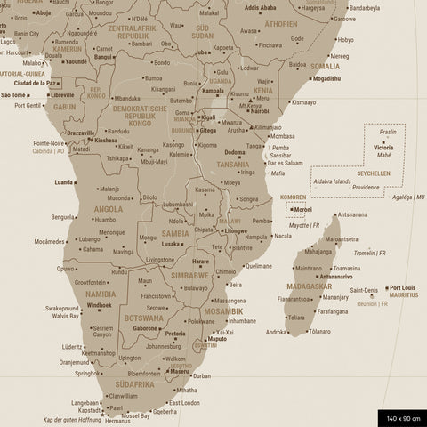 World map in the Equal Earth projection, in Desert Sand, showing a section of Africa in its correct relative sizes and proportions