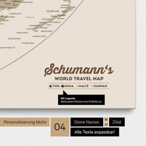 Canvas world map in the Equal Earth projection in Desert Sand, personalized with a family-name logo and legend