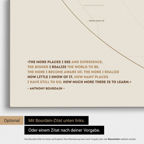 World map in the Equal Earth projection in Desert Sand, featuring a printed quote by Anthony Bourdain that can be replaced with any other quote when personalized
