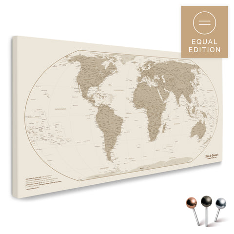 World map in the Equal Earth projection and Desert Sand color as a high-quality Push Pin Map, ideal for marking places and planning trips