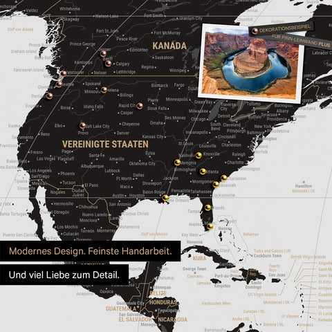 Weltkarte in der Equal-Earth-Projektion als Pinnwand in der Farbe Light Black (Schwarz-Weiss), auf der Reiseziele in den USA und Kanada mit Pins markiert sind