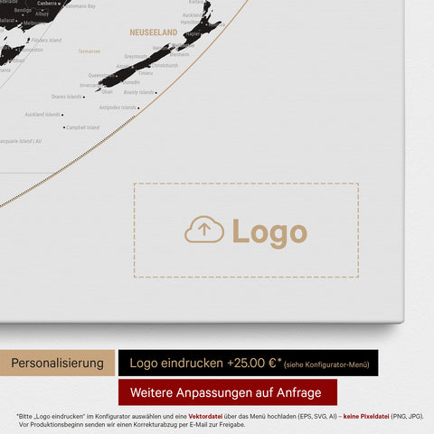 Weltkarte in der Equal-Earth-Projektion als Pinn-Leinwand in Light Black (Schwarz-Weiss), auf die ein Firmenlogo eingedruckt werden kann