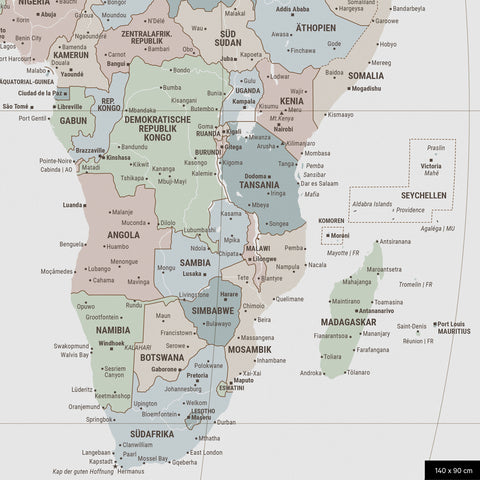 Weltkarte in der Equal-Earth-Projektion, Farbe Multicolor Light, zeigt einen Ausschnitt von Afrika in seinen korrekten Größenverhältnissen und Proportionen