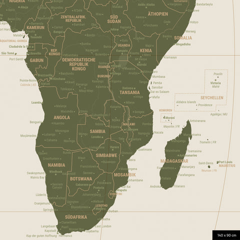 Weltkarte in der Equal-Earth-Projektion, Farbe Olive Green, zeigt einen Ausschnitt von Afrika in seinen korrekten Größenverhältnissen und Proportionen
