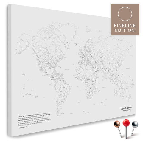 World map FINELINE as a pinboard canvas in Coolgray with a delicate, minimalist outline design for marking and planning trips