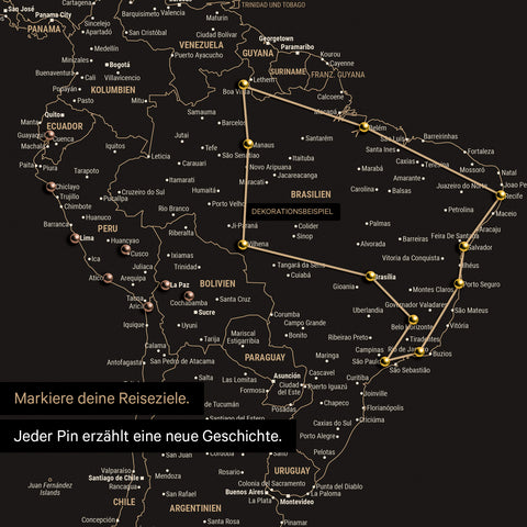 Detailed view of the FINELINE world map pinboard canvas in Sonar Black color with marked travel route and pins in South America