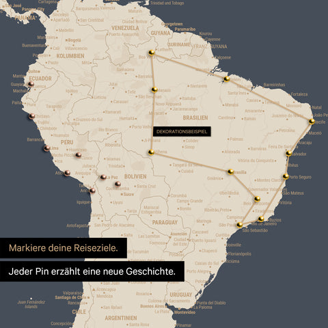 Detail of a push pin world map in Hale Navy with pins, showing a mapped out travel route in South America through the countries of Brazil, Peru and Ecuador