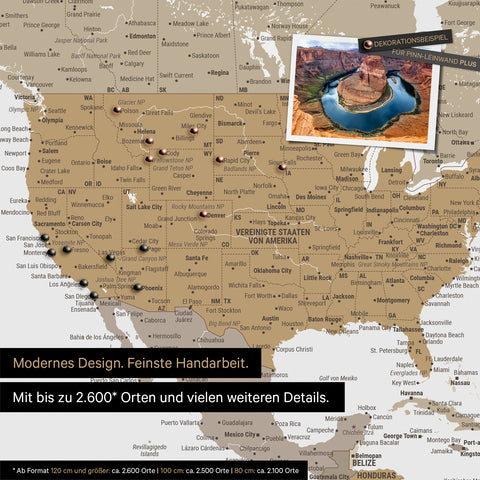 Detailed push pin world map in Multicolor Beige for marking up to 2,600 travel destinations in the USA, Canada and Mexico, ideal for visual representation of past trips and future travel plans