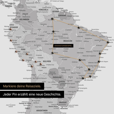 Detail of a push pin world map in Multicolor Gray with pins, showing a mapped out travel route in South America through the countries of Brazil, Peru and Ecuador