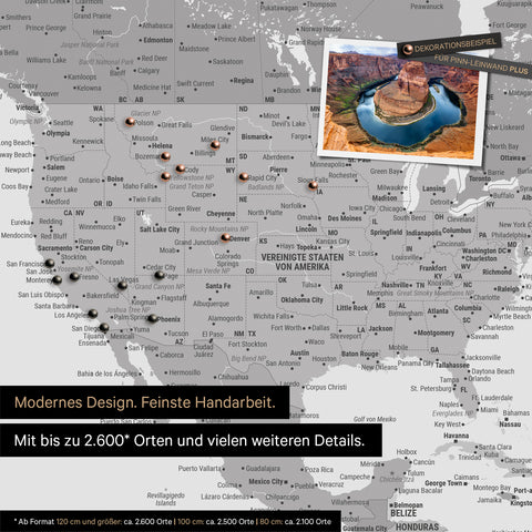 Detailed push pin world map in Multicolor Gray for marking up to 2,600 travel destinations in the USA, Canada and Mexico, ideal for visual representation of past trips and future travel plans