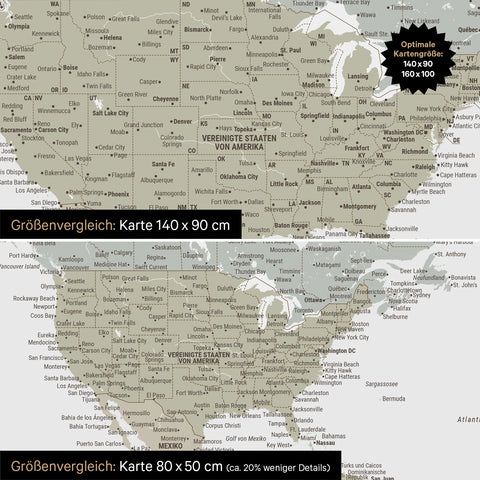 Size comparison of a world map canvas in the formats 140 x 90 cm and 80 x 50 cm