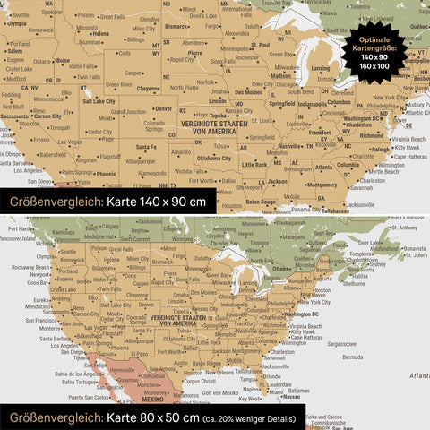Size comparison of a world map canvas in the formats 140 x 90 cm and 80 x 50 cm