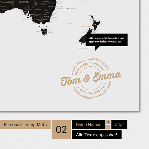 Alternative design for personalization with your name on a world map in Light Black color