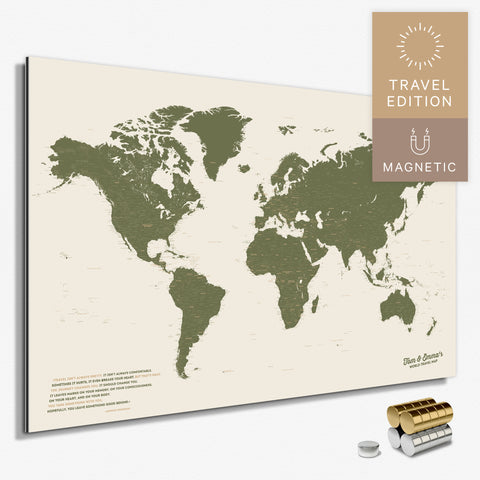 Magnetische Weltkarte in Oliv-Grün als Magnetboard zum Pinnen und Markieren von Reisezielen kaufen