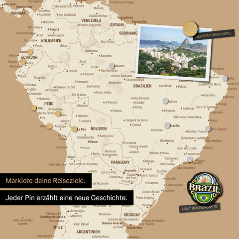 Detail of a magnetic world map as a magnetic board in Treasure Gold showing South America with a pinned photo as well as travel and vacation magnets