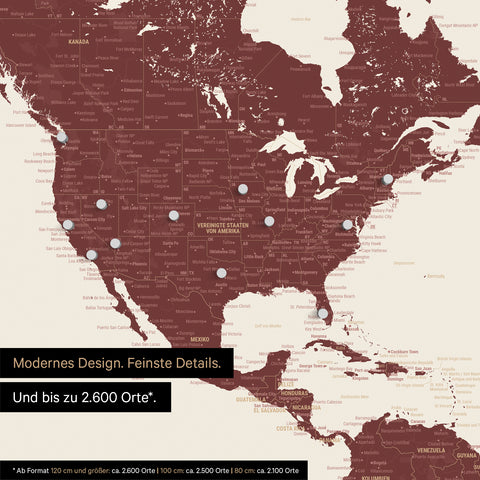 Pinning travel destinations on a magnetic world map as a magnet poster in Bordeaux red