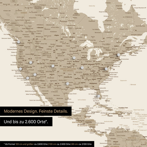 Pinning travel destinations on a magnetic world map as a magnet poster in Desert Sand (Beige)