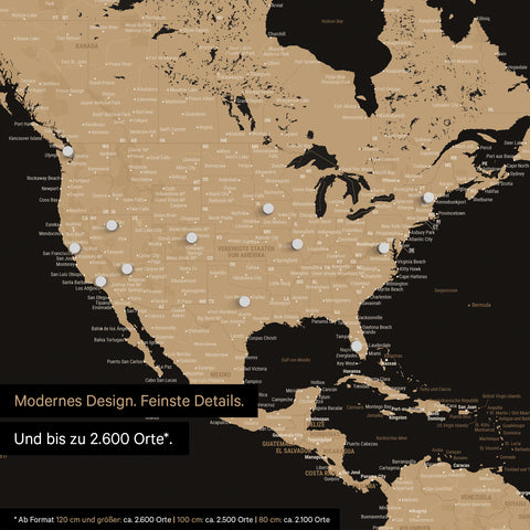 Pinning travel destinations on a magnetic world map as a magnet poster in Sonar Black (Black-Gold)